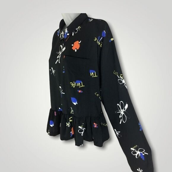 Collusion Black Graffiti Peplum Zip Popover Top - Picture 3 of 10